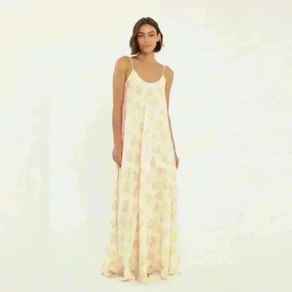 Citrine Leta Flowy Adjustable Strap Scoop Back Maxi Dress in Tan Reef Size M - Picture 2 of 12